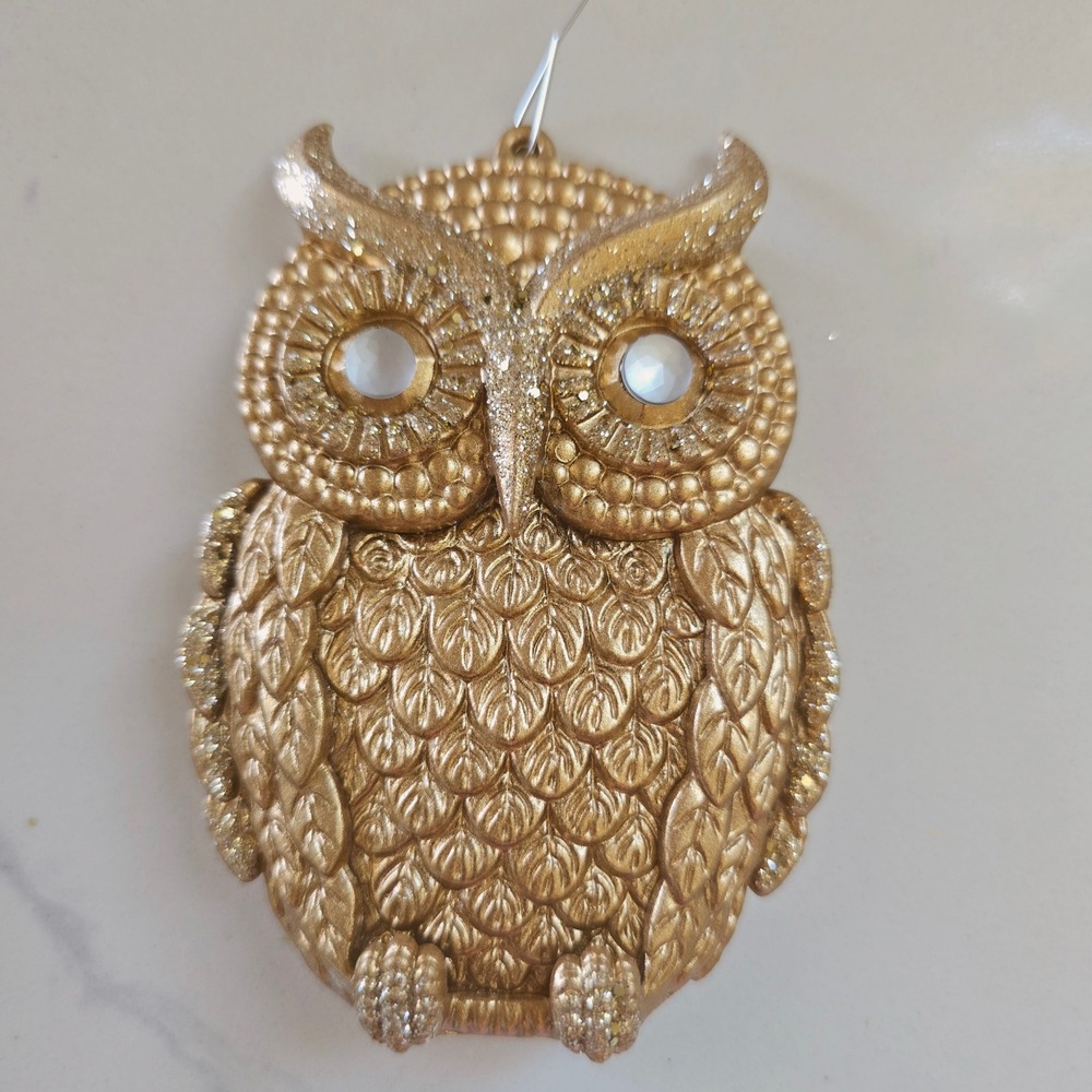 New Kurt Adler Gold Textured Owl Ornament with Glitter Accents and White Eyes
